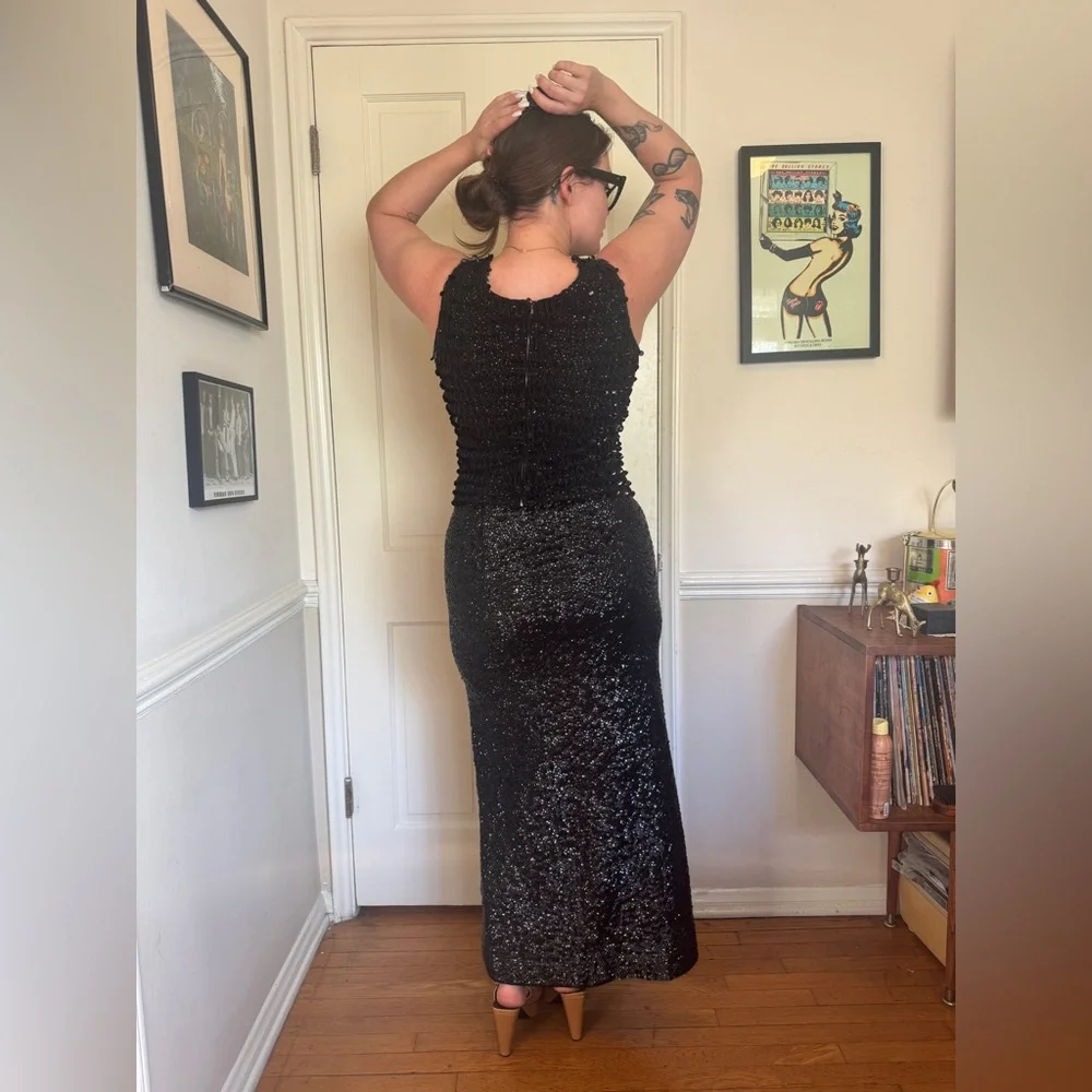 60s Vintage Black Sequin Knit Blouse and Skirt Set Medium - Picture 4 of 14